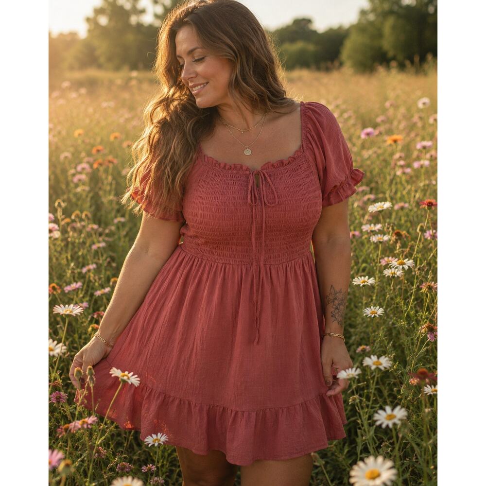 AS U WISH 1X Smocked Cottagecore Mini Dress Boho Rust Pink Plus Size